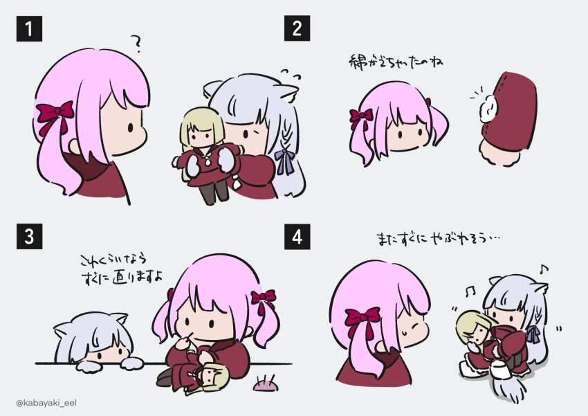 2girls ? ^_^ animal_ears animal_hands assault_lily beamed_eighth_notes blonde_hair blunt_bangs bow braid brown_pantyhose brown_sailor_collar cat_ears cat_girl cat_paws cat_tail character_doll chibi closed_eyes comic cropped_torso damaged doll eighth_note flying_sweatdrops frilled_skirt frills grey_background grey_hair hair_bow hair_ribbon hand_on_table hands_up highres holding holding_doll holding_needle hugging_doll hugging_object kabayaki_(kabayaki_eel) kanba_girls_high_school_uniform kemonomimi_mode kon_kanaho looking_at_another looking_at_object medium_hair miniskirt miyagawa_takane motion_lines multiple_girls musical_note necktie needle no_mouth no_shoes notice_lines one_eye_covered pantyhose pincushion pink_hair profile purple_ribbon red_bow red_shirt red_skirt ribbon sadamori_himeka sailor_collar school_uniform serafuku sewing sewing_needle shirt short_necktie side_braid simple_background sitting skirt solid_oval_eyes sweatdrop tail translated twintails white_necktie white_pantyhose