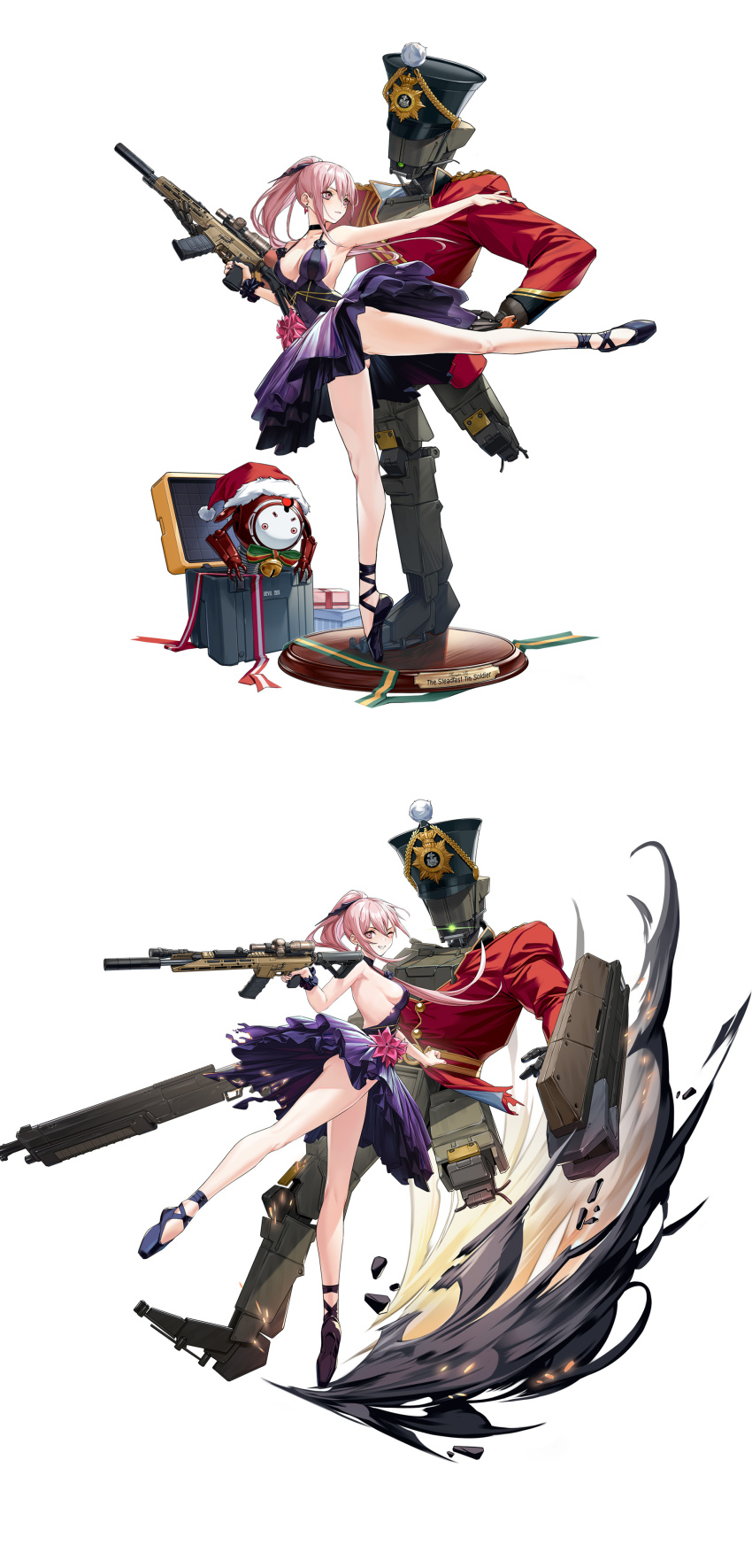 1girl 1other absurdres amputee arabesque_(pose) arm_shield armpits ass assault_rifle backless_outfit ballerina ballet ballet_slippers bell black_choker black_dress black_nails black_panties box breasts choker christmas clothed_robot coat cyclops_(girls&#039;_frontline) debris display dress dress_flower earrings en_pointe english_text faux_figurine flower full_body gift gift_box girls&#039;_frontline glowing glowing_eye gluteal_fold goliath_(girls&#039;_frontline) green_eyes green_ribbon grin gun hand_on_own_hip hat highres holding holding_gun holding_weapon humanoid_robot jack-in-the-box jewelry jingle_bell kcco_(girls&#039;_frontline) large_breasts leotard leotard_peek light_smile long_hair looking_at_viewer military_hat multiple_views nutcracker official_alternate_costume official_art one-eyed one_eye_closed outstretched_arm outstretched_leg panties pink_eyes pink_flower pink_hair plaque purple_dress r5_(girls&#039;_frontline) r5_(pas_de_deux)_(girls&#039;_frontline) red_coat red_ribbon remington_r5_rgp ribbon rifle robot sangvis_ferri santa_hat scope scrunchie shield shotgun sideboob simple_background smile smoke smoke_trail spaghetti_strap spring_(object) standing standing_on_one_leg striped_ribbon the_steadfast_tin_soldier torn_clothes torn_dress tutu two-tone_dress underwear upskirt weapon white_background white_ribbon wrist_scrunchie yellow_ribbon yitiao_er-hua