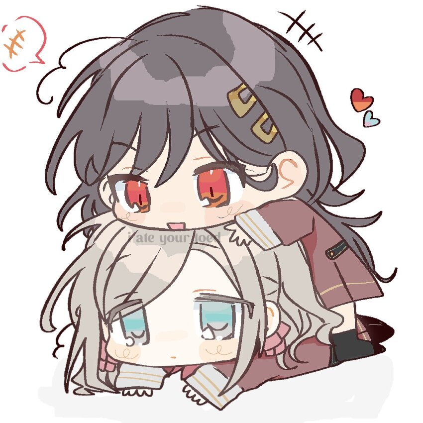 +++ 2girls :d black_hair black_pantyhose black_thighhighs blue_eyes blush brown_dress ceras_yanagida_lilienfeld chibi chibi_only chin_rest closed_mouth col_person commentary dress expressionless grey_hair hair_ornament hair_ribbon hasu_no_sora_school_uniform head_on_head head_rest heart highres katsuragi_izumi link!_like!_love_live! long_hair long_sleeves love_live! lying medium_dress multiple_girls on_stomach open_mouth orange_eyes over-kneehighs pantyhose pink_ribbon pleated_dress ribbon sailor_dress school_uniform slit_pupils smile spoken_+++ swept_bangs symbol-only_commentary thighhighs v-shaped_eyebrows white_background winter_uniform wolf_cut