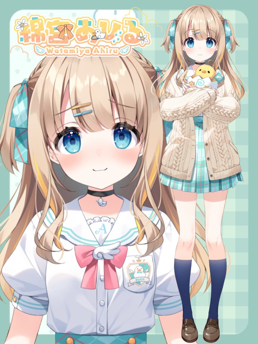 1girl bird black_choker blue_eyes blue_socks blush braid brown_hair brown_shoes cardigan character_name chick choker commentary_request cross-section full_body green_ribbon green_skirt hair_ornament hair_ribbon hairclip highres holding logo long_hair looking_at_viewer official_alternate_costume official_alternate_hairstyle official_art open_cardigan open_clothes plaid_clothes plaid_ribbon plaid_skirt pleated_skirt ribbon sailor_collar shoes skirt sleeves_past_wrists socks standing suimya two_side_up varium virtual_youtuber watamiya_ahiru watamiya_ahiru_(2nd_costume) white_sailor_collar zoom_layer