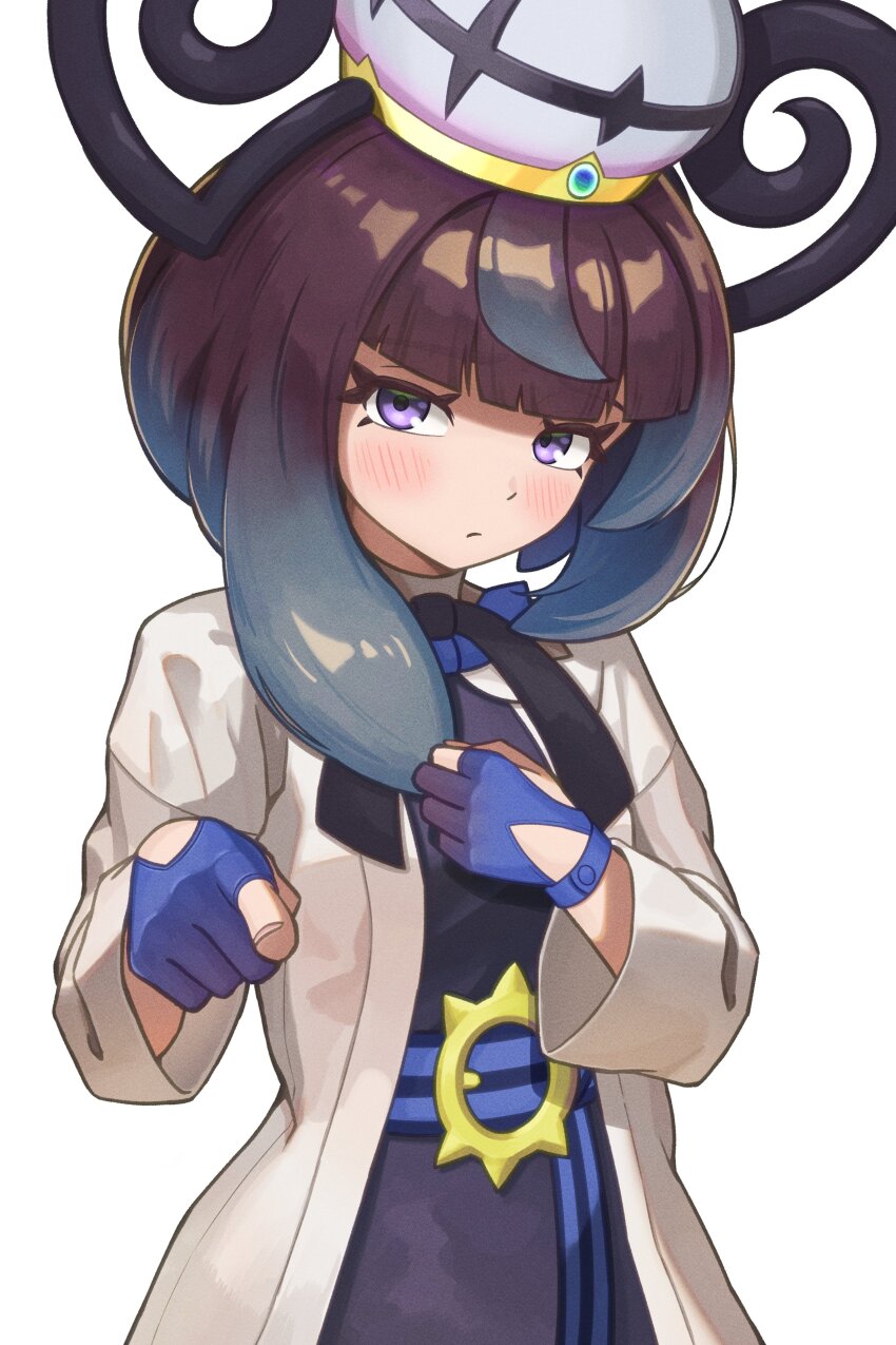 1girl absurdres belt belt_buckle black_dress black_hair blue_belt blue_gloves blue_hair blush buckle closed_mouth coat commentary dress english_commentary eyelashes ganze_382 gloves gradient_hair gwynn_(pokemon) hat highres long_sleeves looking_at_viewer mega_stone mixed-language_commentary multicolored_hair nintendo o-ring o-ring_belt open_clothes open_coat partially_fingerless_gloves pointing pointing_at_viewer pokemon pokemon_legends:_z-a purple_eyes short_hair solo upper_body white_background white_coat