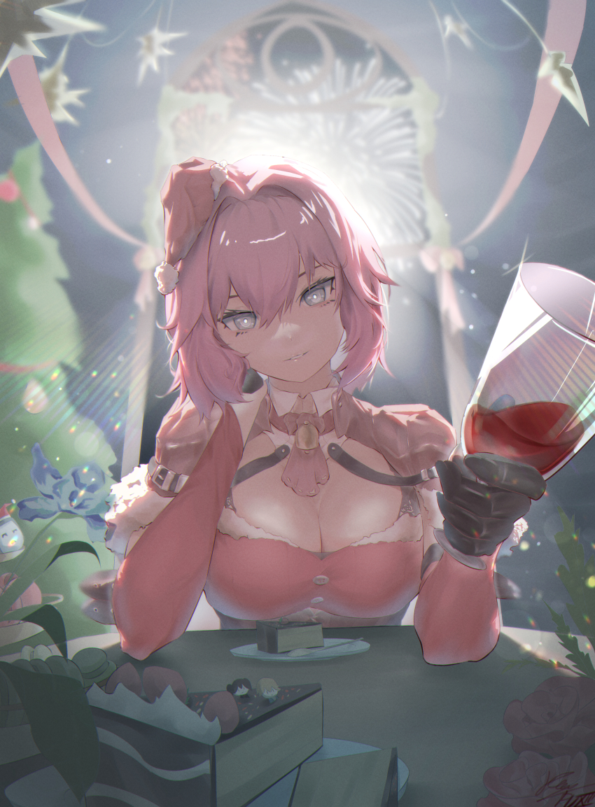 1girl absurdres alcohol black_gloves black_hair breasts cake cake_slice christmas_tree christmas_tree_hair_ornament cleavage cup detached_sleeves dress drinking_glass fireworks food gloves hair_ornament half_gloves hat highres holding holding_cup large_breasts long_hair long_sleeves looking_at_viewer new_year parted_lips pink_hair punishing:_gray_raven pupu13 red_dress red_sleeves santa_hat sidelocks solo ishmael_(pgr) wine wine_glass