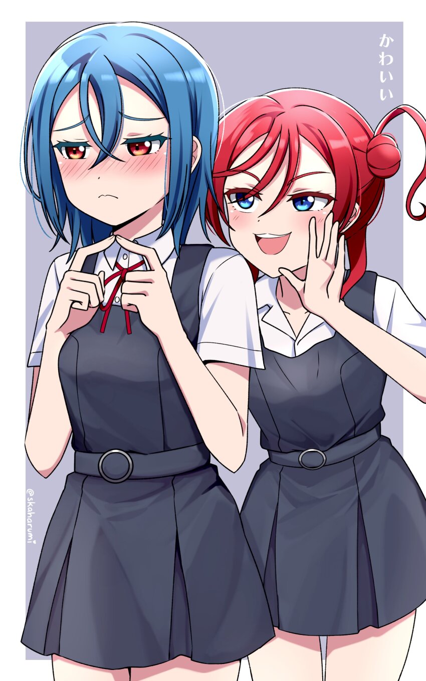 2girls 3: :3 absurdres blue_eyes blue_hair blush border closed_mouth collared_shirt commentary_request cowboy_shot crossed_bangs dress dress_shirt embarrassed fanged_bangs frown grey_background grey_dress hair_between_eyes hair_bun highres index_fingers_together looking_at_another love_live! love_live!_superstar!! medium_hair multiple_girls neck_ribbon nose_blush open_mouth orange_eyes outside_border pinafore_dress pleated_dress red_hair red_ribbon ribbon school_uniform shirt short_dress short_hair_with_long_locks short_sleeves sidelocks single_side_bun ska.harumi sleeveless sleeveless_dress split_mouth summer_uniform translation_request v-shaped_eyebrows wakana_shiki white_border white_shirt yoneme_mei yuigaoka_school_uniform