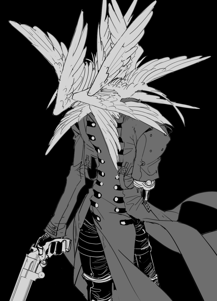 1boy belt black_background black_gloves black_pants buttons citronplanet covered_face feathered_wings gloves greyscale gun highres holding holding_gun holding_weapon long_coat male_focus monochrome multiple_belts pants partially_fingerless_gloves prosthetic_arm_removed simple_background sketch trigun trigun_maximum vash_the_stampede weapon wings