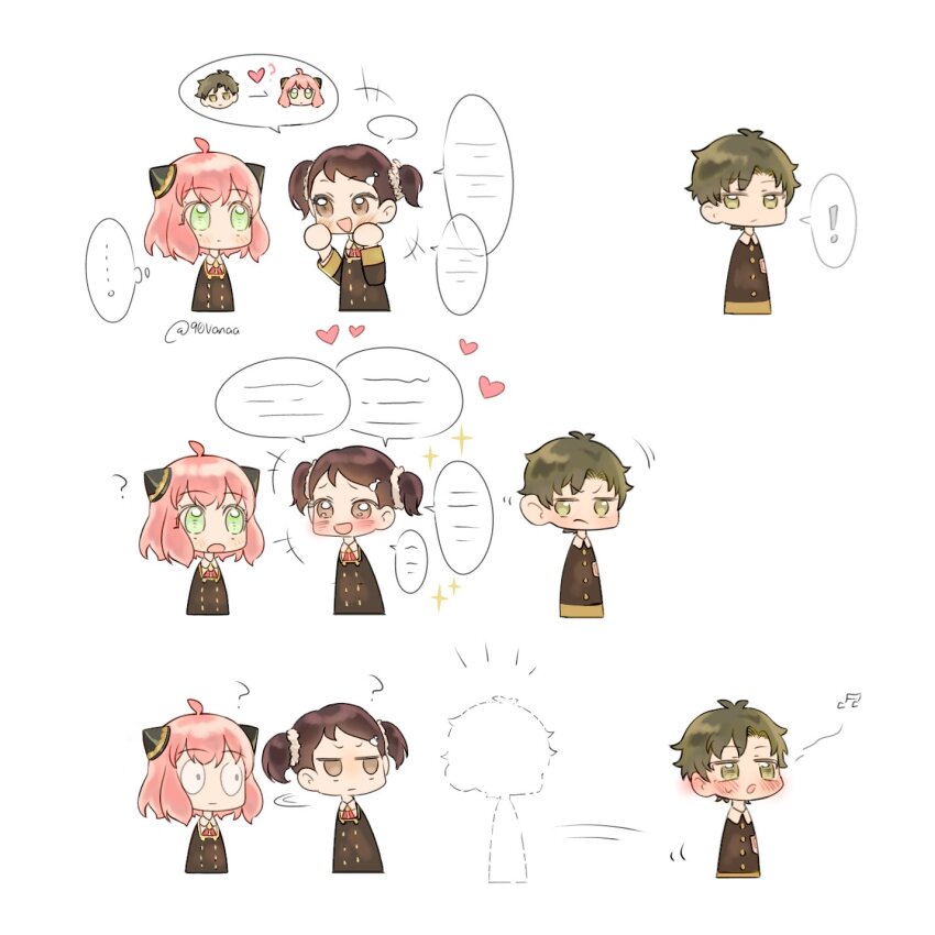 ! 1boy 2girls 90vanaa ? ahoge anya_(spy_x_family) becky_blackbell black_dress black_hair black_jacket blush brown_eyes chibi chibi_only damian_desmond dress eden_academy_school_uniform gold_trim gossip green_eyes hairpods highres image_in_speech_bubble jacket listening medium_hair multiple_girls musical_note open_mouth pink_hair school_uniform short_hair smile sparkle speech_bubble spoken_exclamation_mark spy_x_family twintails twitter_username whistling white_background