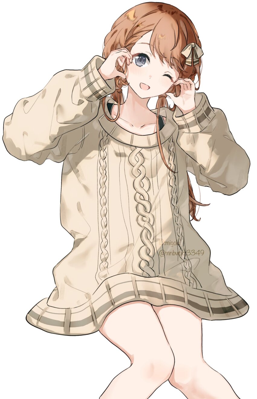 1girl ;d aran_sweater blue_eyes blush bow braid brown_bow brown_hair brown_sweater cable_knit collarbone dress feet_out_of_frame grey_eyes hair_bow hanasato_minori hands_up head_tilt highres knees_together_feet_apart long_hair long_sleeves looking_at_viewer migolu one_eye_closed open_mouth project_sekai puffy_long_sleeves puffy_sleeves ribbon simple_background sitting smile solo sweater sweater_dress twintails twitter_username white_background
