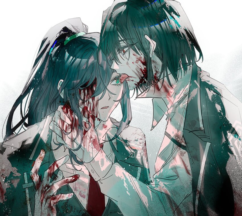 1boy 1girl black_hair blood blood_on_clothes blood_on_face blood_on_hands chinese_commentary commentary_request haloyxxxxxxx hetero high_ponytail highres hong_lu_(project_moon) licking licking_eye limbus_company long_hair missing_eye necktie open_mouth ponytail portrait project_moon red_necktie ryoshu_(project_moon) short_hair simple_background very_long_hair white_background