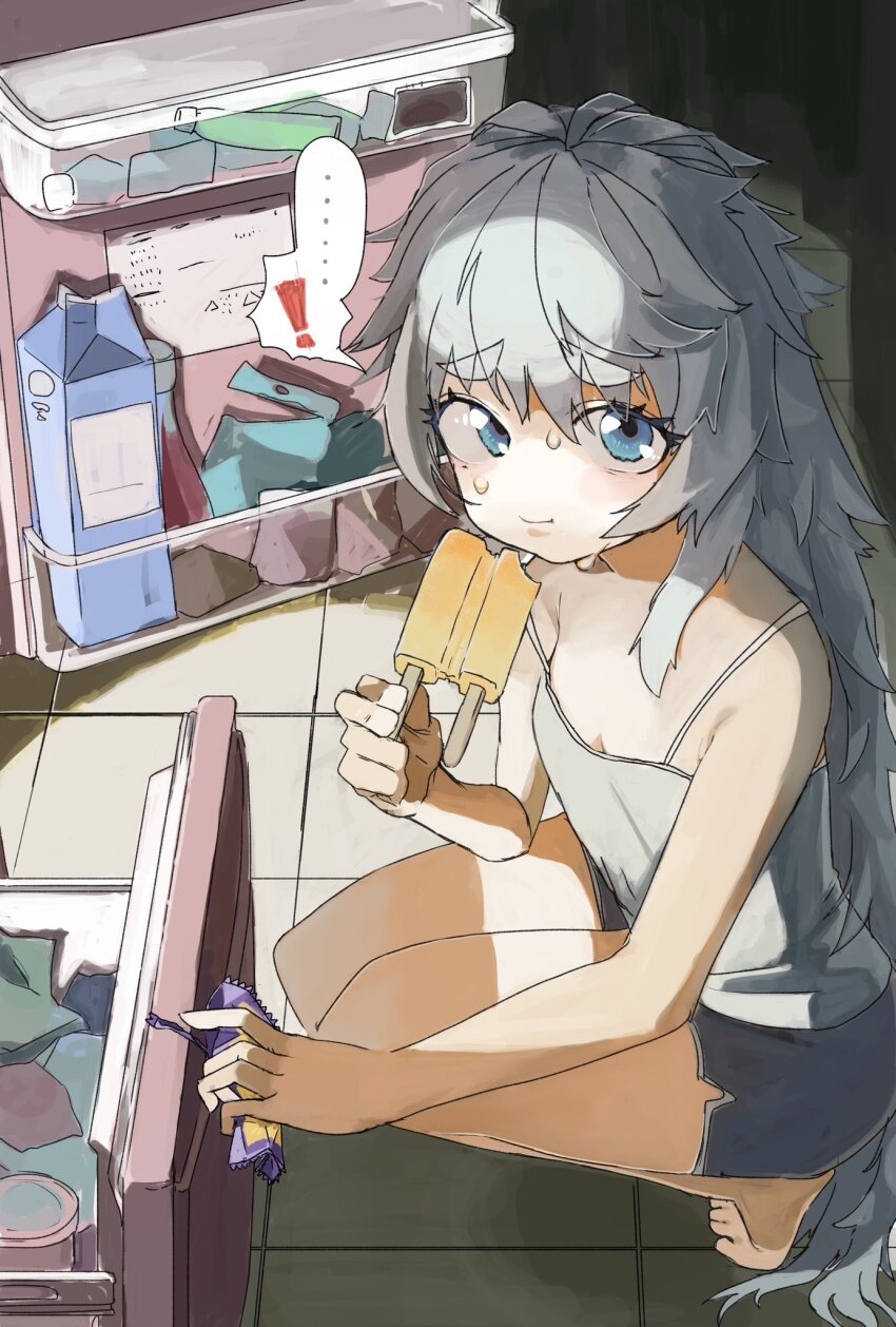 1girl blue_eyes blush breasts caught eating feet food food_packaging full_body goddess_of_victory:_nikke highres holding holding_food holding_popsicle indoors legs long_hair looking_at_viewer navel open_door poli_(nikke) popsicle refrigerator refrigerator_interior small_breasts solo squatting sweatdrop tiptoes toes very_long_hair white_hair yuzushouko