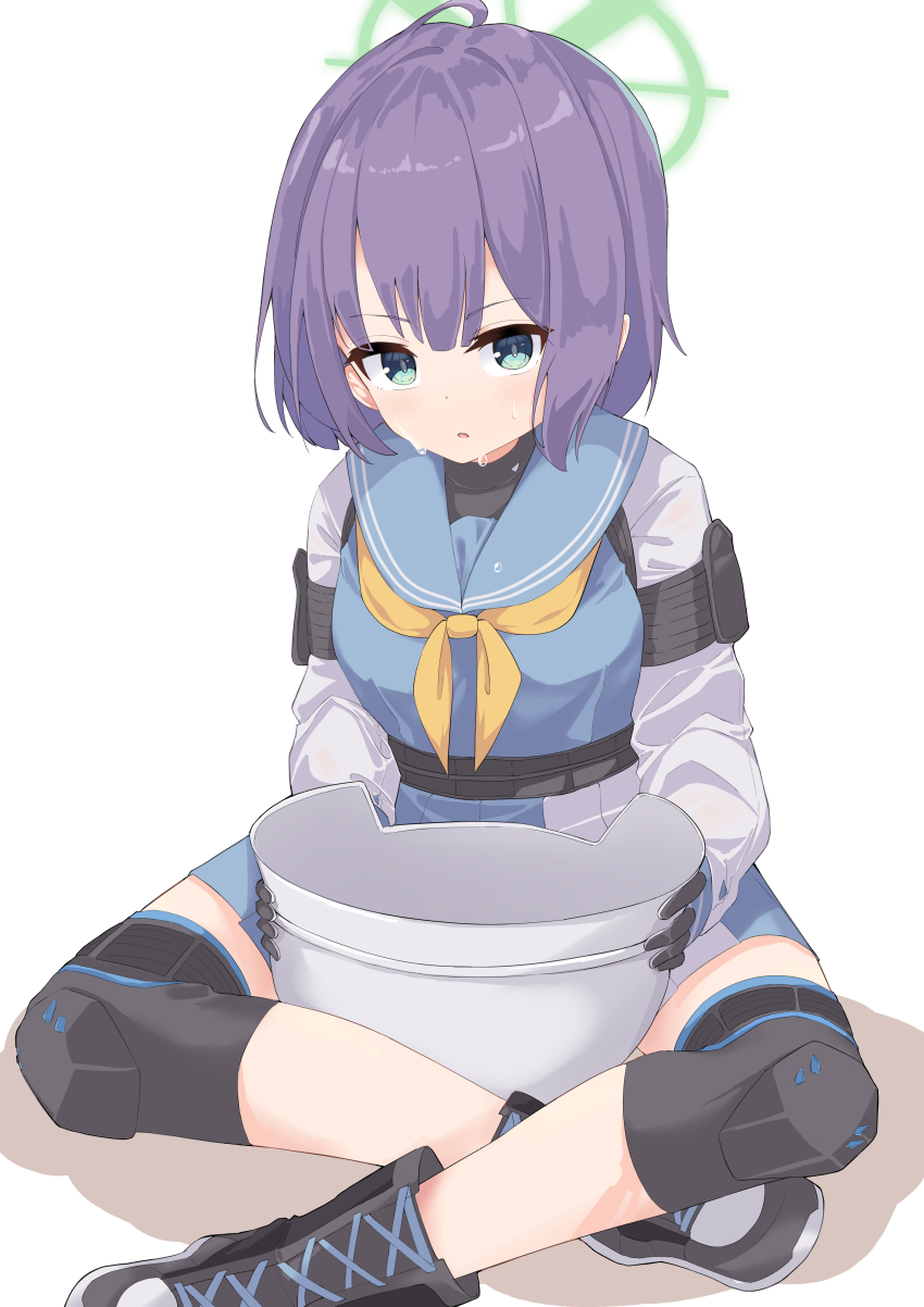 1girl absurdres aqua_eyes black_boots black_gloves black_hair black_shirt blue_archive blue_sailor_collar blue_serafuku blue_shirt blue_skirt blunt_bangs blush boots bucket_hat commentary full_body gloves green_halo halo hat highres indian_style knee_pads lace-up_boots looking_at_viewer medium_hair miniskirt neckerchief no_headwear open_mouth osmium-76 pleated_skirt sailor_collar saki_(blue_archive) school_uniform serafuku shirt simple_background sitting skirt solo straight_hair sweat unworn_hat unworn_headwear upturned_eyes white_background white_sleeves yellow_neckerchief