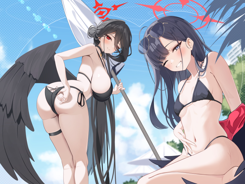 2girls ;d absurdres adjusting_clothes adjusting_swimsuit ahoge arm_behind_back ass bikini black_choker black_hair black_wings blue_archive blunt_bangs blush breasts butt_crack choker closed_mouth curvy day eyewear_on_head feathered_wings feet_out_of_frame grey_eyes grin hair_bun halo halterneck hand_on_own_stomach happy hasumi_(blue_archive) hasumi_(swimsuit)_(blue_archive) highres huge_breasts ichika_(blue_archive) ichika_(swimsuit)_(blue_archive) incredibly_absurdres kneepits leaning_forward long_hair looking_at_viewer looking_back low_wings multiple_girls navel official_alternate_costume official_alternate_hairstyle one_eye_closed open_mouth outdoors red_eyes red_halo side-tie_bikini_bottom sideboob sikimosh single_side_bun sitting small_breasts smile standing stomach straight_hair string_bikini sunglasses sweat swimsuit thigh_strap thighs tsurime unusually_open_eyes very_long_hair wings