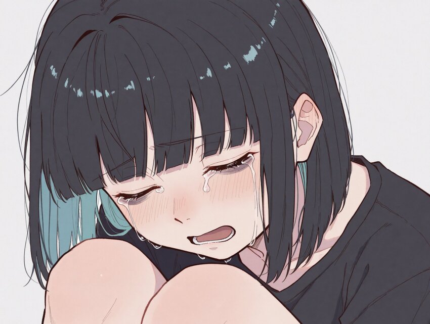 1girl black_shirt blunt_bangs close-up closed_eyes colored_inner_hair commentary crying depressed english_commentary green_hair grey_background hair_intakes highres knees knees_to_chest lower_teeth_only medium_hair multicolored_hair open_mouth original portrait raliele_(raliele_(terenazal)) raliele_(terenazal) shirt simple_background solo tears teeth two-tone_hair