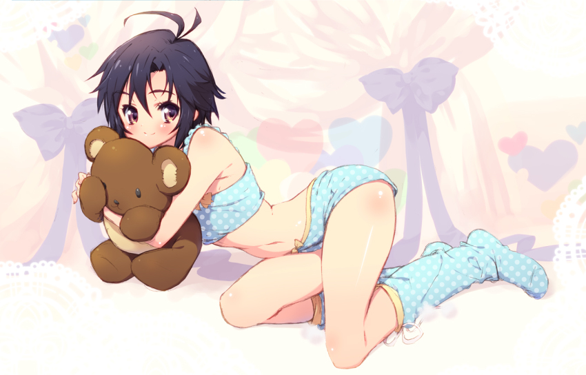 1girl antenna_hair aqua_theme black_hair boots hugging_doll idolmaster idolmaster_(classic) kikuchi_makoto looking_at_viewer navel no_shoes hugging_object pandaki_(aki) polka_dot short_hair shorts smile stuffed_animal stuffed_toy teddy_bear underwear underwear_only