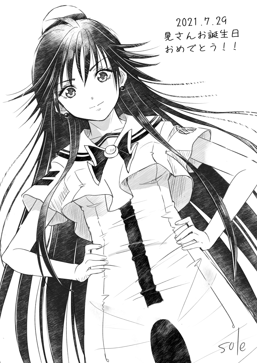 1girl absurdres akira_ferrari aria_(manga) artist_name bow bowtie breasts closed_mouth collarbone commentary_request dress dutch_angle earrings eyelashes greyscale hair_between_eyes hands_on_own_hips hat highres himeya_company_uniform impossible_clothes impossible_dress jewelry long_hair looking_at_viewer medium_breasts monochrome sailor_collar short_sleeves sidelocks simple_background solo telaform very_long_hair