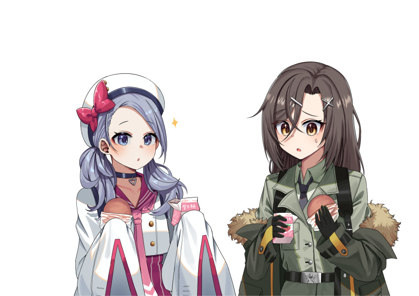 2girls :o absurdres belt beret black_belt black_choker black_necktie bow brown_eyes brown_hair burger choker christina_brecht coat collared_shirt commentary commission counter:side credere_crew cropped_jacket drink food fruit_juice fur-trimmed_coat fur_trim furrowed_brow green_coat green_shirt grey_eyes grey_hair hair_behind_ear hair_ornament hairclip hat hat_bow highres holding holding_burger holding_drink holding_food holding_juice_box jinggun long_hair looking_at_object low_twintails military_uniform multiple_girls necktie off_shoulder parted_bangs parted_hair pink_necktie pink_sailor_collar pink_shirt pinstripe_pattern pinstripe_shirt sailor_collar shirt simple_background sleeves_past_fingers sleeves_past_wrists sparkle twintails upper_body white_background x_hair_ornament