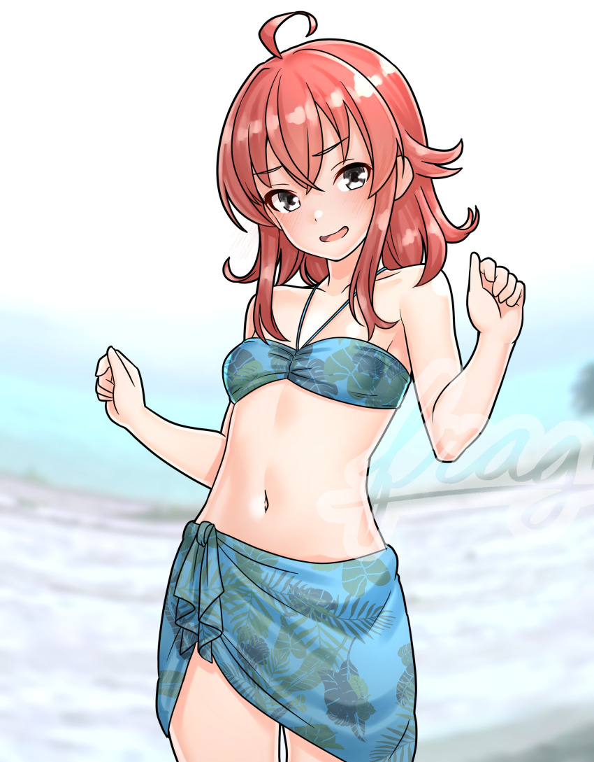 1girl absurdres ahoge aqua_bikini arashi_(kancolle) beach bikini blurry blurry_background blush day furaggu_(frag_0416) highres kantai_collection medium_hair messy_hair navel open_mouth outdoors red_hair sarong smile solo swimsuit thighs watermark