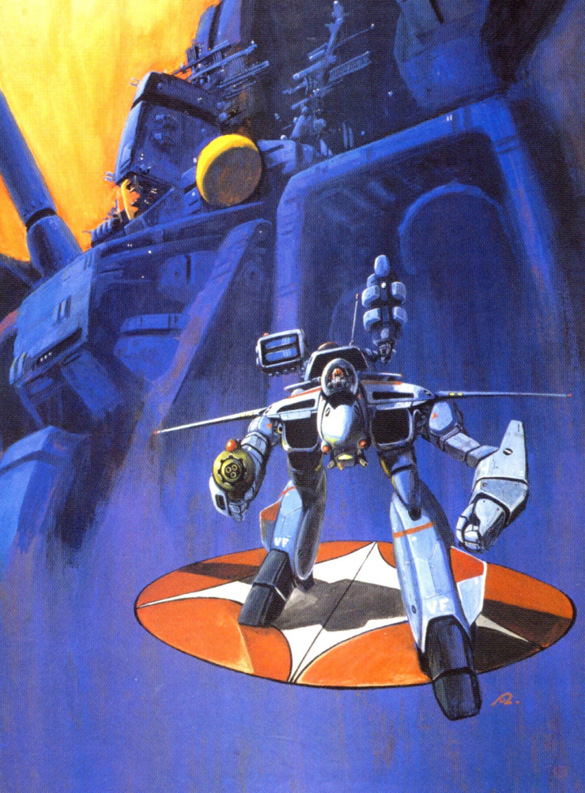 1980s_(style) 1boy aiming aiming_at_viewer choujikuu_yousai_macross concept_art emblem gerwalk gunpod highres ichijou_hikaru light looking_at_viewer machinery macross mecha missile_pod official_art oldschool pilot production_art promotional_art radar_dish radio_antenna retro_artstyle robot robotech roundel scan science_fiction sdf-1 searchlight spacecraft thrusters traditional_media u.n._spacy vf-1 vf-1j yasuhiko_yoshikazu