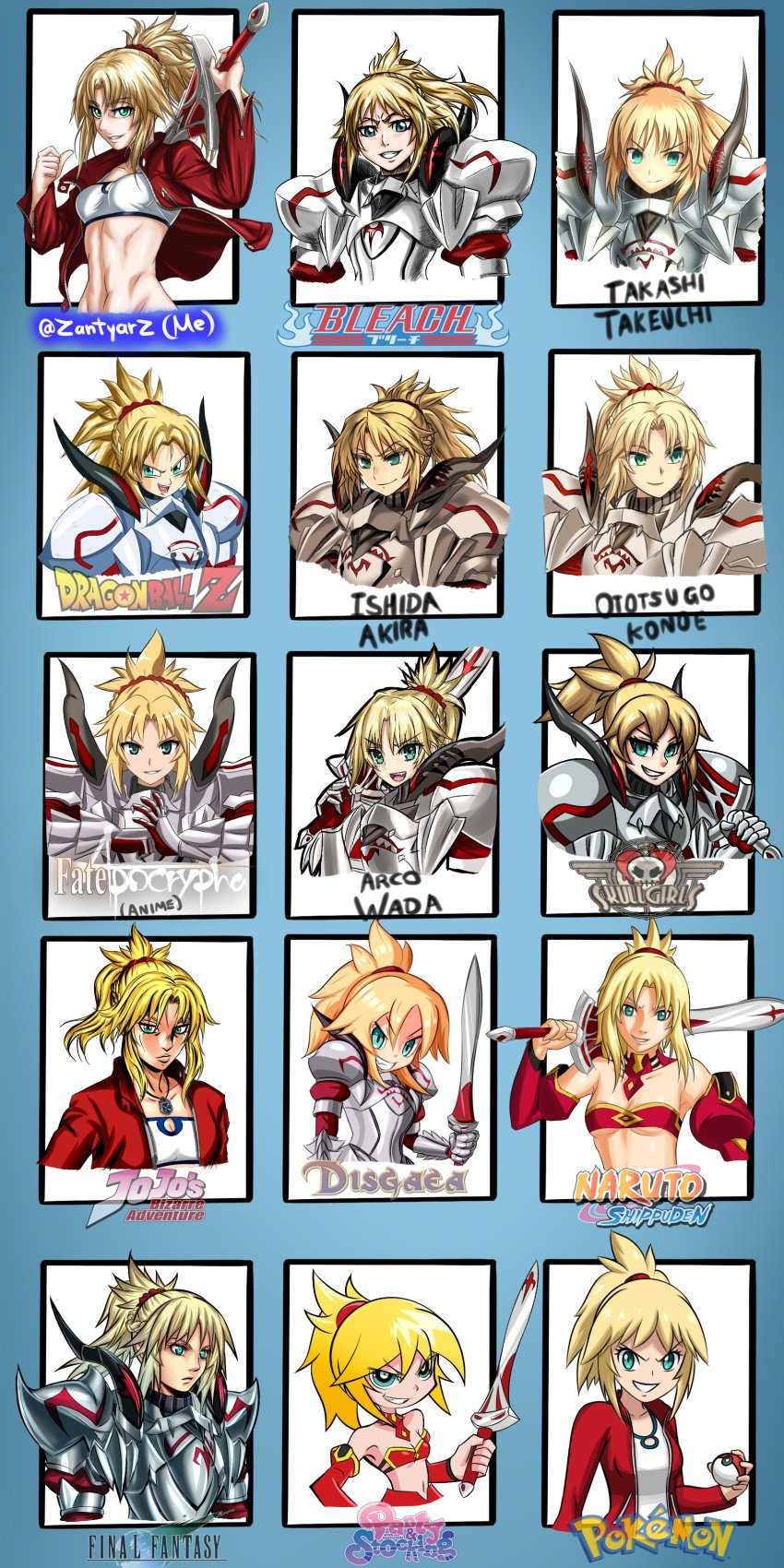 1girl absurdres alex_ahad_(style) araki_hirohiko_(style) bare_shoulders bleach blonde_hair braid breasts clarent_(fate) commentary disgaea dragon_ball english_commentary fate/apocrypha fate/grand_order fate/stay_night fate_(series) final_fantasy green_eyes greyscale grin hair_ornament hair_scrunchie half_up_braid harada_takehito_(style) highres holding holding_sword holding_weapon jojo_no_kimyou_na_bouken kishimoto_masashi_(style) kubo_tite_(style) long_hair monochrome mordred_(fate) mordred_(fate/apocrypha) multiple_style_parody naruto_(series) navel nintendo open_mouth panty_&amp;_stocking_with_garterbelt parody poke_ball poke_ball_(basic) pokemon ponytail scrunchie skullgirls small_breasts smile solo style_parody sword takeuchi_takashi_(style) toriyama_akira_(style) wada_aruko_(style) weapon zantyarz