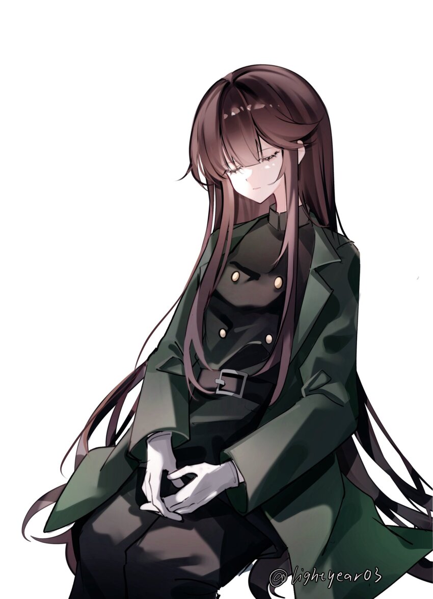 1girl bad_link black_hair closed_eyes closed_mouth coat fate/grand_order fate_(series) gloves green_coat highres koha-ace long_hair military_uniform oda_nobunaga_(fate) oda_nobunaga_(koha-ace) resting simple_background sleeping solo very_long_hair white_gloves xixing_chun