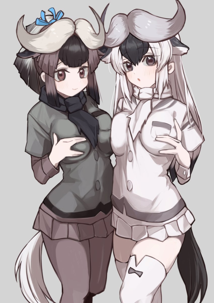 2girls a888_n22 antelope_ears antelope_horns black_hair black_pantyhose black_scarf black_shirt black_skirt black_wildebeest_(kemono_friends) blue_bow blue_wildebeest_(kemono_friends) blush bow brown_eyes brown_hair extra_ears hair_between_eyes hair_bow highres kemono_friends long_hair long_sleeves multicolored_hair multiple_girls pantyhose pleated_skirt scarf shirt short_sleeves skirt thighhighs two-tone_hair white_hair white_scarf white_shirt white_skirt white_thighhighs zettai_ryouiki