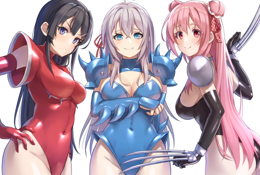 3girls alisa_mikhailovna_kujou arm_under_breasts ass black_gloves black_hair black_leotard blue_eyes blue_gloves blue_leotard blush breasts claw_(weapon) cleavage closed_mouth commission covered_navel double_bun from_side gloves grey_hair groin hair_between_eyes hair_bun hand_on_own_hip happy_sugar_life highres large_breasts leotard lips long_hair looking_at_viewer matsuzaka_satou multiple_girls pink_hair pixiv_commission red_eyes red_gloves red_leotard sakurajima_mai seishun_buta_yarou shiraha_(shiraha_0129) sideboob simple_background smile spiked_gloves spiked_pauldrons tokidoki_bosotto_roshia-go_de_dereru_tonari_no_alya-san very_long_hair weapon white_background