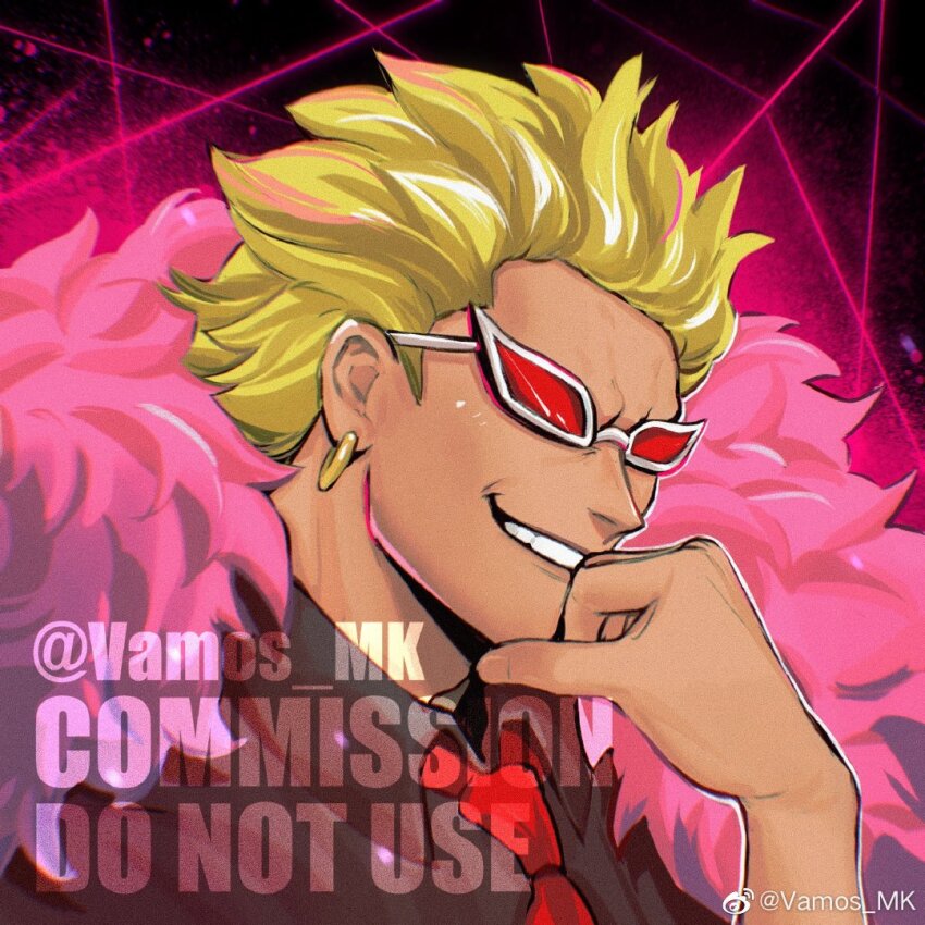 1boy black_shirt blonde_hair collared_shirt donquixote_doflamingo earrings feather_boa grin jewelry male_focus necktie one_piece portrait red-tinted_eyewear red_necktie shirt smile solo spiked_hair sunglasses tinted_eyewear upper_body vamos_mk watermark white-framed_eyewear