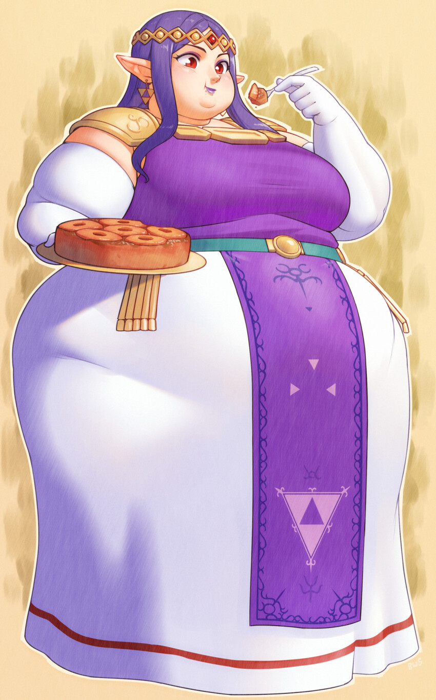 1girl alternate_body_size belly better-with-salt breasts circlet dress eating elbow_gloves eyeshadow fat fat_woman food full_body gloves highres large_breasts long_dress long_hair makeup nintendo obese obese_female princess_hilda purple_eyeshadow purple_hair red_eyes solo standing the_legend_of_zelda the_legend_of_zelda:_a_link_between_worlds thick_arms thick_thighs thighs tiara triforce two-tone_dress white_gloves