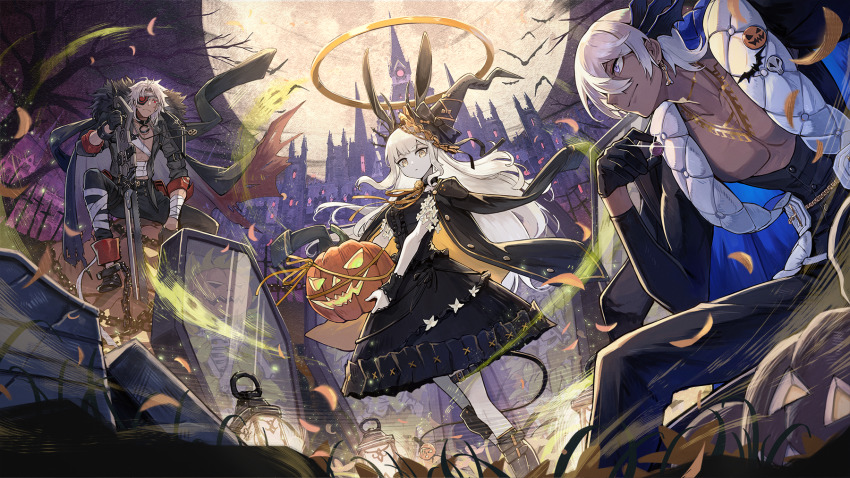 1girl 2boys alchemy_stars animal_ears bandaged_arm bandaged_leg bandages bat_(animal) black_dress black_gloves black_pants black_shirt boots buttons center_frills chain cleavage_cutout clothing_cutout coat coat_on_shoulders coffin commentary_request corax_(alchemy_stars) cuffs cuscuta_(alchemy_stars) dark-skinned_male dark_skin dress earrings eyepatch frills full_moon fur-trimmed_coat fur_trim gloves halo hat highres holding holding_pumpkin holding_sword holding_vegetable holding_weapon jack-o&#039;-lantern jacket jacket_on_shoulders jewelry kuroi_susumu lantern leaf long_hair looking_at_viewer mansion moon multiple_boys official_art open_clothes open_shirt pants pectorals planted planted_sword planted_weapon pumpkin purple_eyes rabbit_ears scar scar_across_eye scar_on_face shackles shirt short_hair sitting skeleton smile sparkle standing sword tail taki_(alchemy_stars) tombstone weapon white_hair
