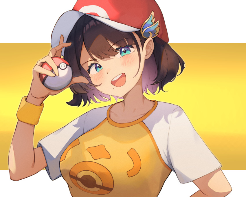 1girl baseball_cap blue_eyes blush brown_hair deho_toiimasu hat hat_ornament highres holding holding_poke_ball mole mole_under_mouth nijisanji nintendo open_mouth poke_ball pokemon shiga_riko shirt short_hair short_sleeves smile solo sweatband t-shirt virtual_youtuber wing_hat_ornament wristband