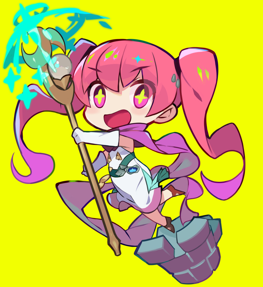1girl absurdres dress elbow_gloves fire_emblem fire_emblem:_the_blazing_blade gloves highres holding holding_staff kurumitsu long_hair looking_at_viewer nintendo open_mouth pink_hair purple_eyes purple_scarf scarf serra_(fire_emblem) smile solo staff twintails white_dress white_gloves