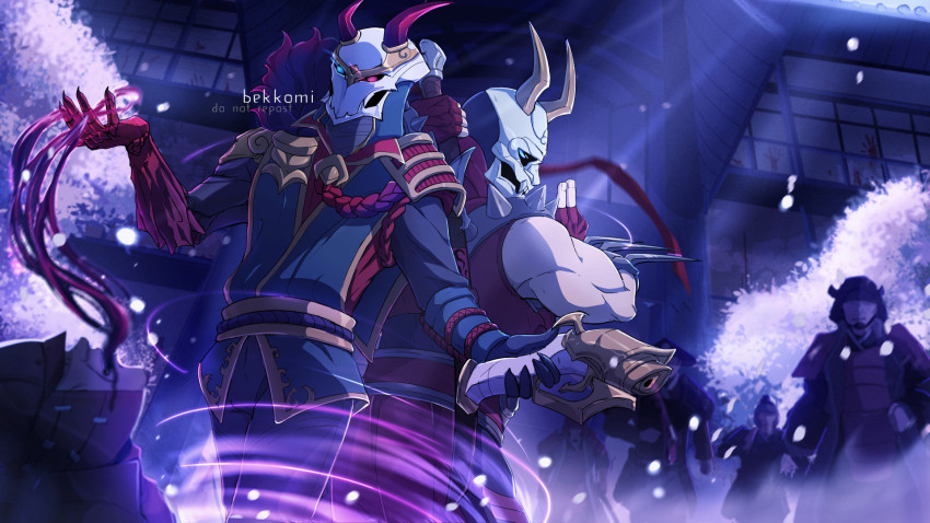6+boys armor artist_name back-to-back bekkomi black_pants blood blood_moon_jhin blood_moon_shen blue_eyes cowboy_shot fingerless_gloves gloves glowing glowing_eyes gun heterochromia highres holding holding_weapon horned_mask jhin league_of_legends long_sleeves magic mask multiple_boys muscular muscular_male outdoors pants petals red_eyes red_gloves rope samurai shen_(league_of_legends) standing tree watermark weapon