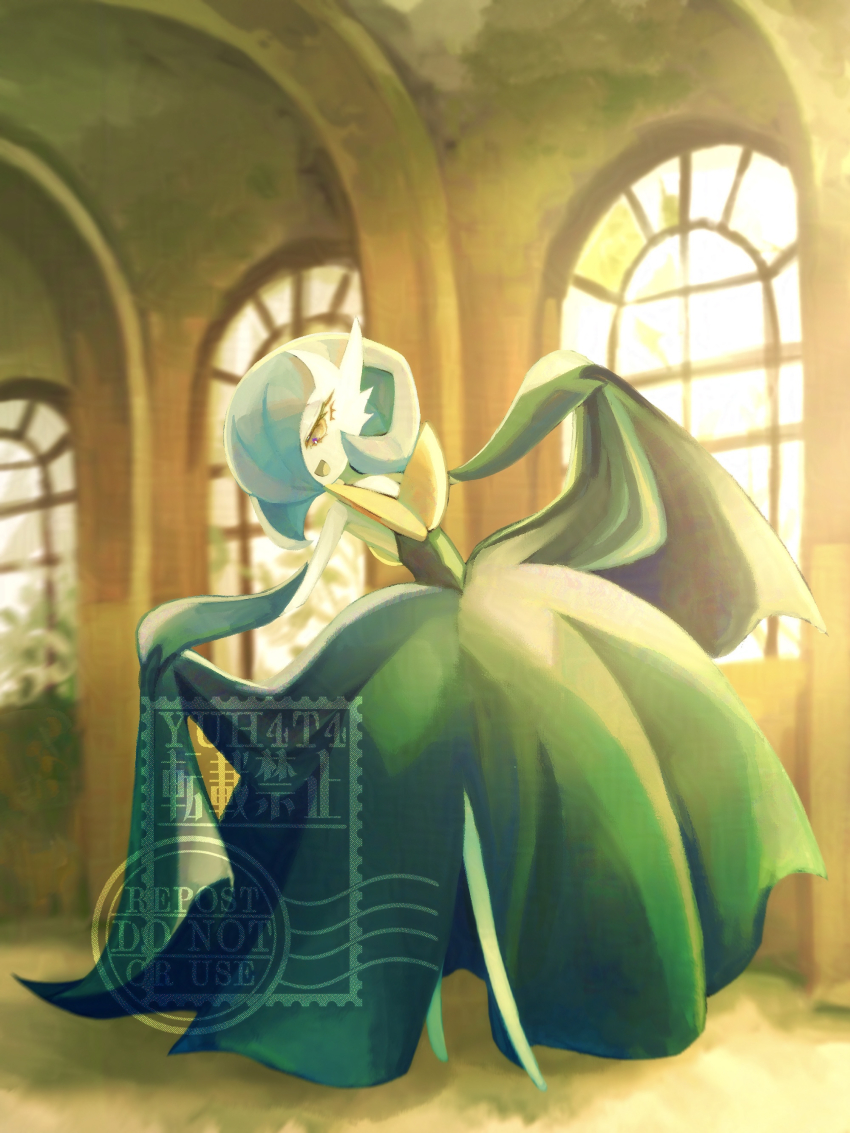 1girl absurdres alternate_color arm_up artist_name backless_dress backless_outfit black_dress black_gloves blue_hair blurry blurry_background bob_cut colored_skin curtsey dress elbow_gloves female_focus flat_chest full_body gardevoir gen_3_pokemon gloves hair_over_one_eye half-closed_eyes hand_up happy highres indoors lifting_own_clothes long_dress looking_down mega_gardevoir mega_pokemon nintendo no_feet one_eye_covered open_mouth pokemon pokemon_(creature) shiny_pokemon short_hair smile solo standing strapless strapless_dress watermark white_skin window yellow_eyes yuhata_(yuh4t4)