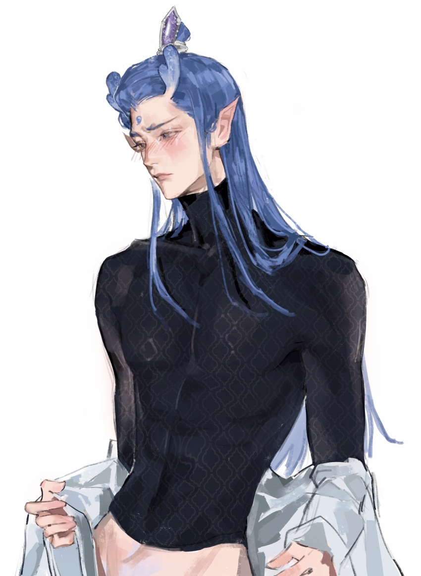 1boy absurdres ao_bing_(nezha_zhi_motong_jiangshi) bishounen black_shirt blue_eyes blue_hair blush chinese_commentary closed_mouth commentary_request covered_abs covered_pectorals cowboy_shot dragon_boy dragon_horns eastern_dragon_horns facial_mark forehead_mark highres horns jacket jacket_partially_removed long_hair long_sleeves looking_to_the_side male_focus midriff nezha_zhi_motong_jiangshi pectorals pointy_ears shirt simple_background solo turtleneck white_background white_jacket xinjinjumin8578221