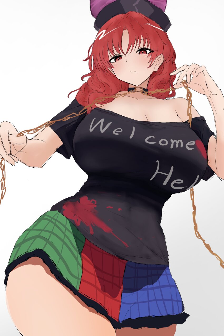 1girl absurdres black_shirt breasts cleavage clothes_writing hecatia_lapislazuli highres large_breasts looking_at_viewer moriforest1040 multicolored_skirt plaid_clothes plaid_skirt red_eyes red_hair shirt short_hair simple_background skirt solo t-shirt tagme touhou underworld_(ornament) white_background