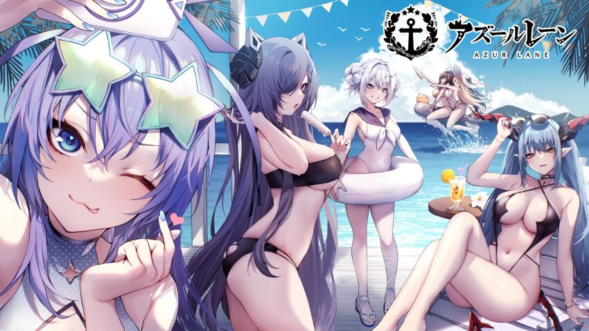 6+girls ;3 ass august_von_parseval_(azur_lane) azur_lane beach bikini black_bikini black_horns blonde_hair blue_eyes blue_hair blue_nails blue_sailor_collar breasts brown_hair cocktail cocktail_glass collar commentary_request crossed_bangs crossed_legs cup curled_horns danimaru double_bun dragon_girl dragon_horns drinking_glass eyewear_on_head food hair_bun hair_over_one_eye harbin_(azur_lane) harbin_(union_between_sea_and_sky)_(azur_lane) hat highres holding holding_food holding_phone holding_popsicle holding_swim_ring horns implacable_(azur_lane) innertube jade_(a_lick_of_summer)_(azur_lane) jade_(azur_lane) large_breasts logo long_hair looking_at_viewer manjuu_(azur_lane) mechanical_tail medium_breasts multiple_girls navel new_jersey_(azur_lane) new_jersey_(midsummer_leisure)_(azur_lane) official_alternate_costume official_art one-piece_swimsuit one_eye_closed outdoors phone pointy_ears popsicle red_nails regensburg_(azur_lane) regensburg_(dark_dragon_brilliant_beach)_(azur_lane) sailor_collar sand slingshot_swimsuit slit_pupils spiked_collar spikes standing star-shaped_eyewear star_(symbol) stomach sun_hat swim_ring swimsuit tail torpedo water white_hair white_headwear white_one-piece_swimsuit yellow_bikini yellow_eyes