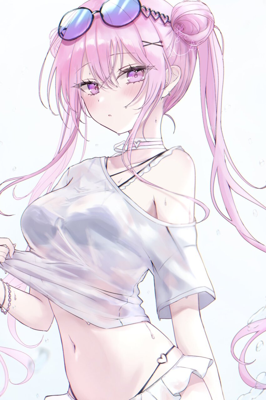 1girl bikini black_bikini blush bracelet breasts choker cleavage collarbone cropped_shirt eyewear_on_head hair_bun highres jewelry klee-on large_breasts long_hair looking_at_viewer midriff navel original pink_eyes pink_hair see-through_clothes see-through_shirt shirt simple_background solo sunglasses sweat sweatdrop swimsuit twintails white_background white_shirt