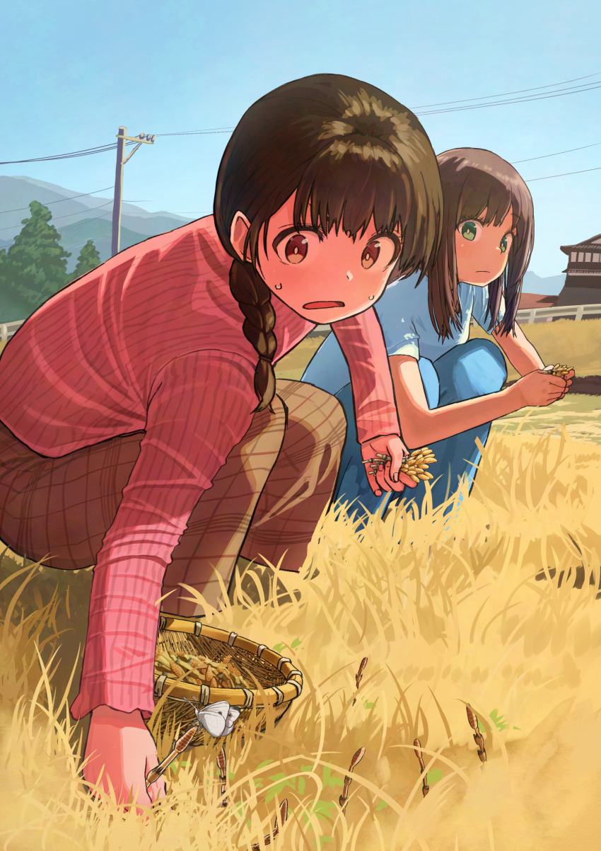 2girls basket blue_pants blue_shirt blue_sky braid braided_ponytail bright_pupils brown_eyes bug building butterfly closed_mouth day field green_eyes hair_over_shoulder highres holding holding_plant horsetail_(plant) insect long_sleeves multiple_girls open_mouth original outdoors pants pink_shirt plant power_lines shirt short_sleeves sky squatting toraneko white_pupils