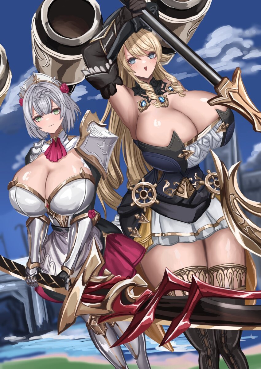 2girls blonde_hair breasts huge_breasts long_hair multiple_girls sword weapon