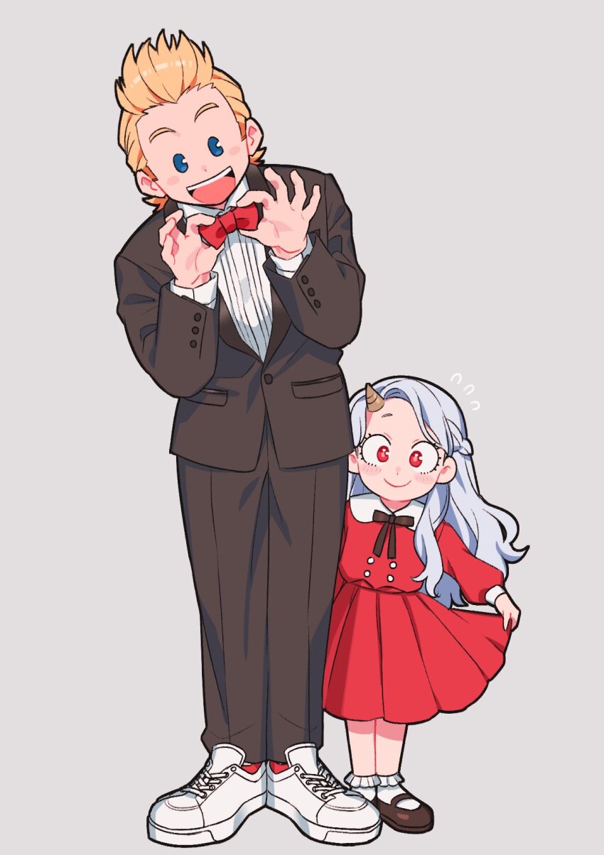 1boy 1girl :d black_jacket black_pants black_suit blonde_hair blue_eyes boku_no_hero_academia bow bowtie braid closed_mouth collared_shirt dress eri_(boku_no_hero_academia) formal_clothes full_body grey_hair highres horns jacket long_hair mommorua open_mouth pants quiff red_bow red_bowtie red_dress shirt shoes short_hair single_horn smile sneakers spiked_hair suit suit_jacket togata_mirio traditional_bowtie white_footwear