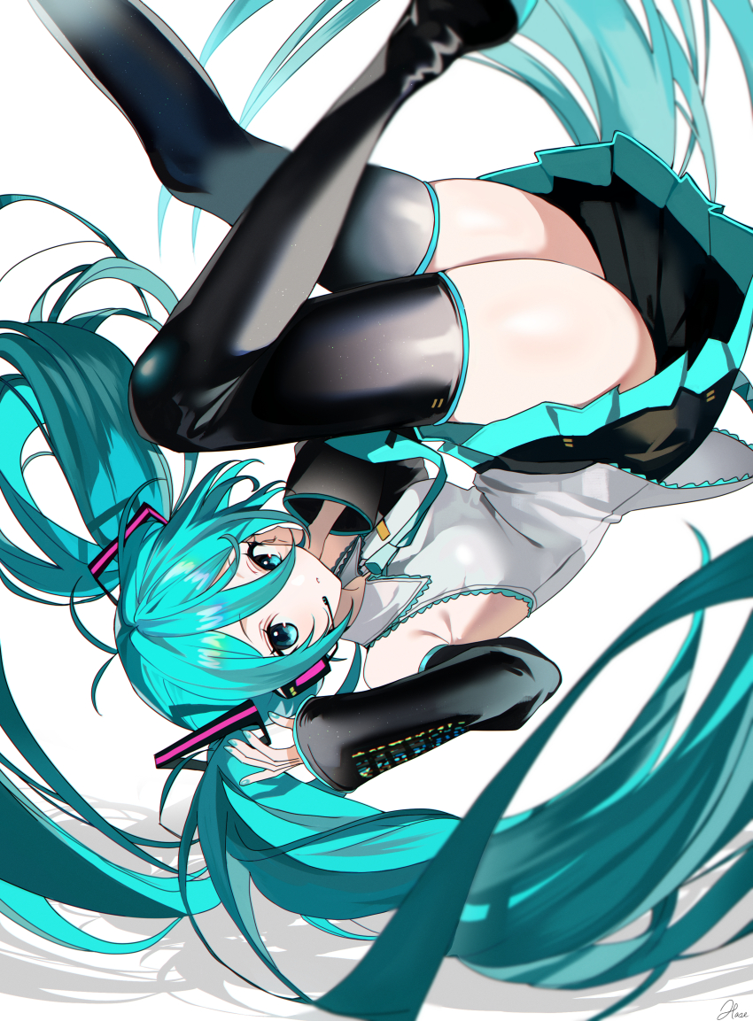 1girl absurdres black_skirt black_sleeves black_thighhighs blue_eyes blue_hair blue_necktie blush closed_mouth detached_sleeves hair_between_eyes hatsune_miku haze_(ohw8g) highres long_hair necktie shirt sidelocks skirt solo thighhighs twintails vocaloid white_shirt