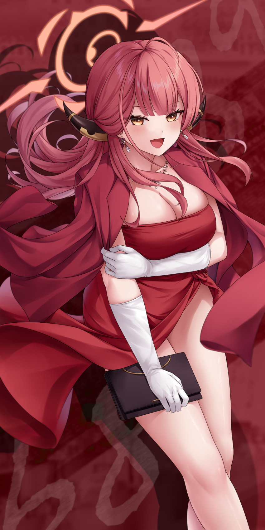 1girl absurdres aru_(blue_archive) aru_(dress)_(blue_archive) black_horns blue_archive blush breasts chien_zero cleavage coat coat_on_shoulders demon_horns dress feet_out_of_frame gloves halo highres horns large_breasts long_hair looking_at_viewer official_alternate_costume open_mouth pink_hair pink_halo red_coat red_dress smile solo white_gloves yellow_eyes