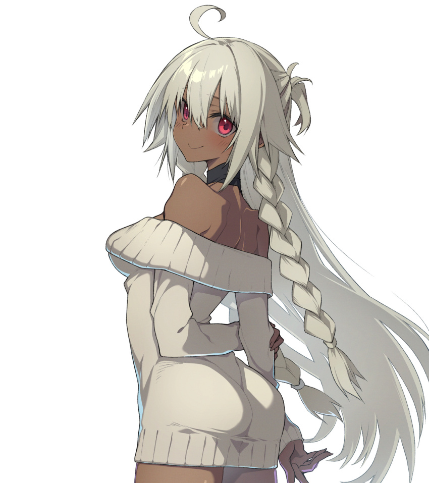 10mo 1girl ahoge arms_behind_back ass bare_shoulders braid breasts choker dark-skinned_female dark_skin dress fate/grand_order fate_(series) highres lakshmibai_(fate) long_hair looking_at_viewer looking_back medium_breasts off-shoulder_sweater off_shoulder red_eyes sidelocks smile solo sweater sweater_dress thighs twin_braids white_hair white_sweater