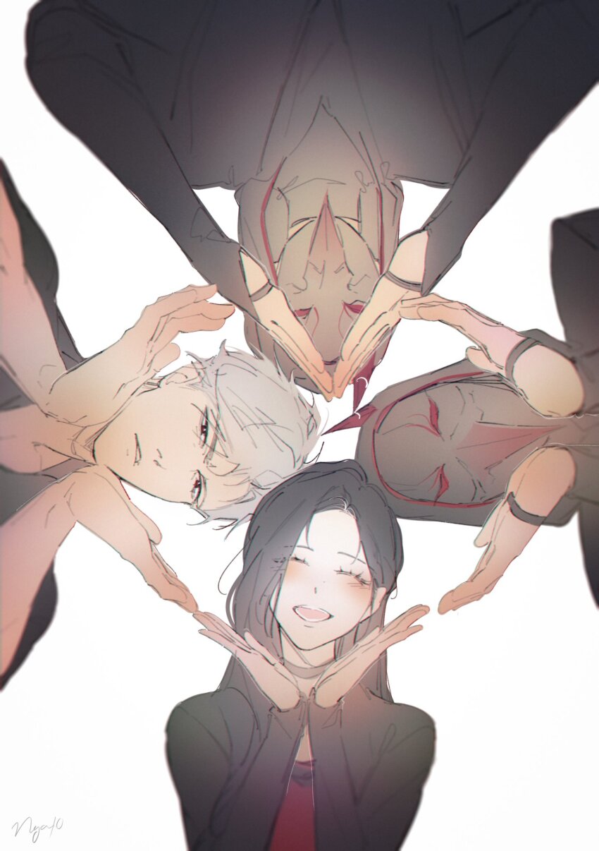 1girl 3boys bird_mask blush closed_eyes happy heart heart_hands heart_hands_quartet highres kieran_(love_and_deepspace) long_sleeves looking_at_viewer love_and_deepspace luke_(love_and_deepspace) mask multiple_boys ng_ai0 open_mouth parted_bangs parted_lips protagonist_(love_and_deepspace) red_eyes short_hair sylus_(love_and_deepspace) teeth upper_body white_background white_hair