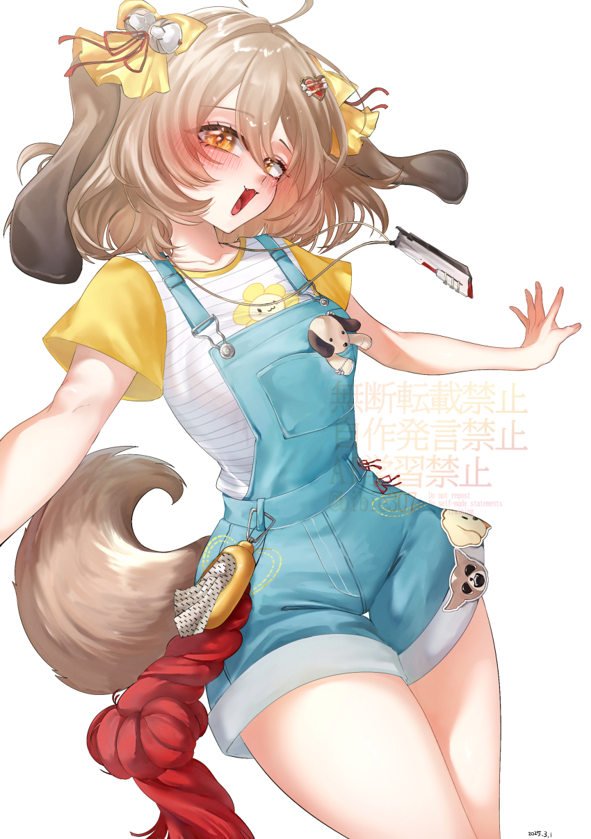 1girl absurdres animal_ears bibie307 biscuit_(nikke) blue_overalls blush bow bowtie brown_hair dog_ears dog_girl dog_tail goddess_of_victory:_nikke hair_ornament hair_ribbon heart highres medium_hair overalls ribbon shirt smile solo tail