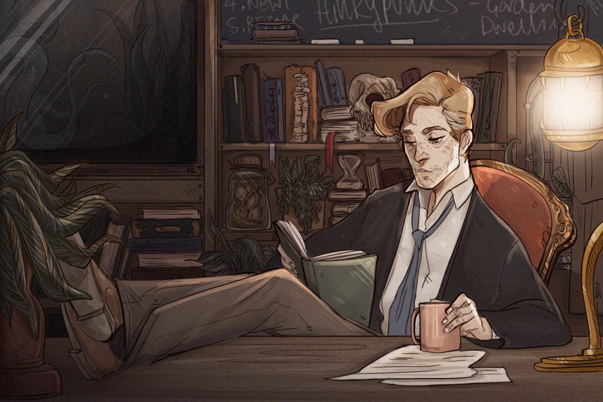 1boy batcii book brown_hair chair chalk chalkboard crossed_ankles cup desk disposable_cup fish_tank harry_potter_(series) hourglass jar lamp loose_necktie male_focus mug necktie office open_book paper plant potted_plant reading red_upholstery remus_lupin scar shelf sitting skull solo teacher wizarding_world