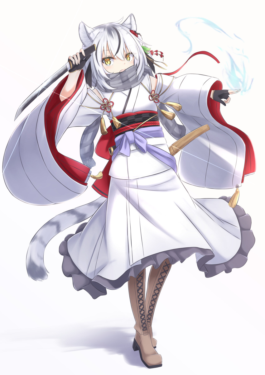 1girl absurdres animal_ears black_gloves black_ribbon blue_fire boots brown_boots chinese_knot chinese_zodiac detached_sleeves fire frilled_kimono frills full_body gloves grey_hair grey_scarf hair_between_eyes hair_ornament hair_ribbon highres holding holding_sword holding_weapon japanese_clothes kanzashi kimono kodachi looking_at_viewer multicolored_hair obi obiage obijime open_mouth original partially_fingerless_gloves pyrokinesis ribbon sash scarf sheath short_hair short_sword simple_background sleeveless sleeveless_kimono solo streaked_hair sword tail tiger_ears tiger_girl tiger_tail weapon white_background white_hair white_kimono wide_sleeves year_of_the_tiger yellow_eyes yukishiro_haku