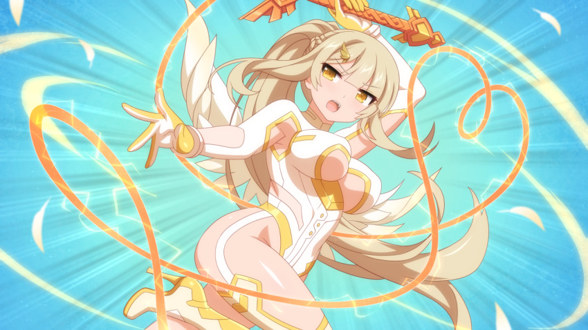 1girl blonde_hair bodysuit feathered_wings gabriel_(sakura_cupid) gloves hair_ornament hairpin holding holding_weapon ponytail sakura_cupid standing weapon whip wings yellow_eyes
