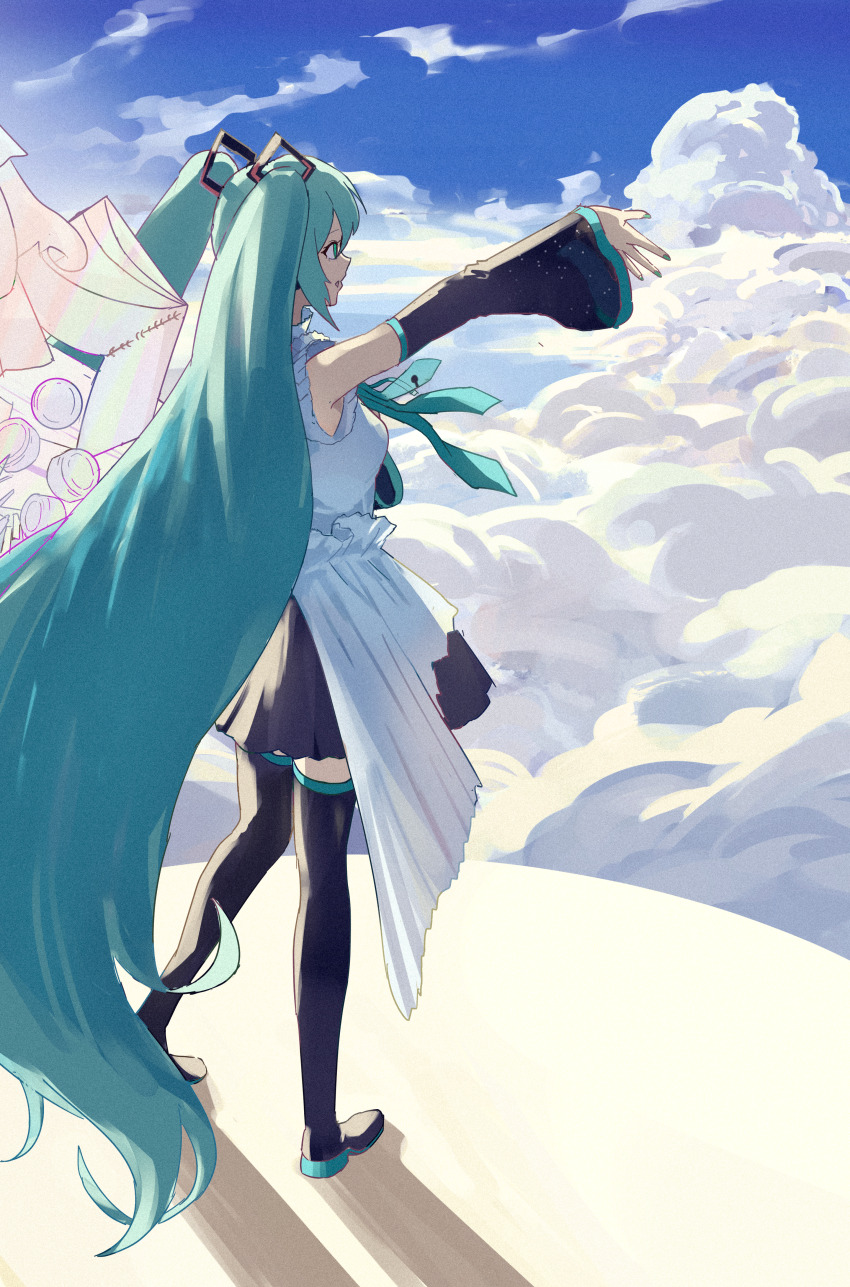 1girl above_clouds absurdres aqua_eyes aqua_hair aqua_necktie black_boots black_skirt black_sleeves blue_sky boots clip_studio_paint_(medium) cloud commentary_request day detached_sleeves fingernails frilled_shirt frills full_body green_nails hair_ornament hatsune_miku hatsune_miku_happy_16th_birthday_-dear_creators- heaven highres long_hair making-of_available nail_polish necktie open_mouth outdoors outstretched_arm profile ryoha_kosako shirt skirt sky sleeveless sleeveless_shirt solo standing sunlight thigh_boots twintails very_long_hair video_thumbnail vocaloid white_shirt wide_sleeves