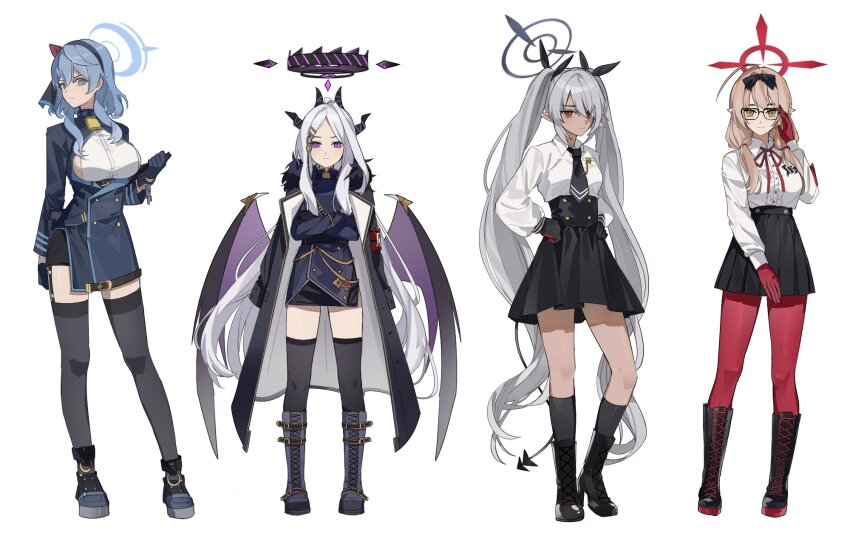 4girls adjusting_eyewear ahoge ako_(blue_archive) ankle_boots bell black-framed_eyewear black_bow black_coat black_footwear black_gloves black_hairband black_halo black_necktie black_shirt black_skirt black_socks black_thighhighs black_wings blue_archive blue_coat blue_eyes blue_gloves blue_hair blue_halo boots bow bow_hairband breast_cutout breasts brown_hair chinatsu_(blue_archive) cjsdh1000 closed_mouth coat collared_shirt commentary_request cross-laced_footwear crossed_arms dark-skinned_female dark_skin demon_girl demon_horns demon_tail demon_wings double-parted_bangs expressionless full_body gloves grey_footwear grey_halo hair_behind_ear hair_between_eyes hair_bow hair_over_one_eye hairband halo high-waist_skirt high_heel_boots high_heels highres hina_(blue_archive) holding horns iori_(blue_archive) jacket jacket_on_shoulders large_breasts long_hair long_sleeves looking_at_viewer low_twintails medium_hair military_uniform miniskirt multiple_girls neck_bell neck_ribbon necktie pantyhose parted_bangs pointy_ears prefect_team_(blue_archive) puffy_long_sleeves puffy_sleeves purple_eyes purple_trim rectangular_eyewear red_eyes red_gloves red_halo red_pantyhose red_ribbon ribbon shirt sideboob_cutout simple_background skirt socks standing tail thighhighs twintails v-shaped_eyebrows very_long_hair white_background white_hair white_shirt wings wrist_chain yellow_eyes