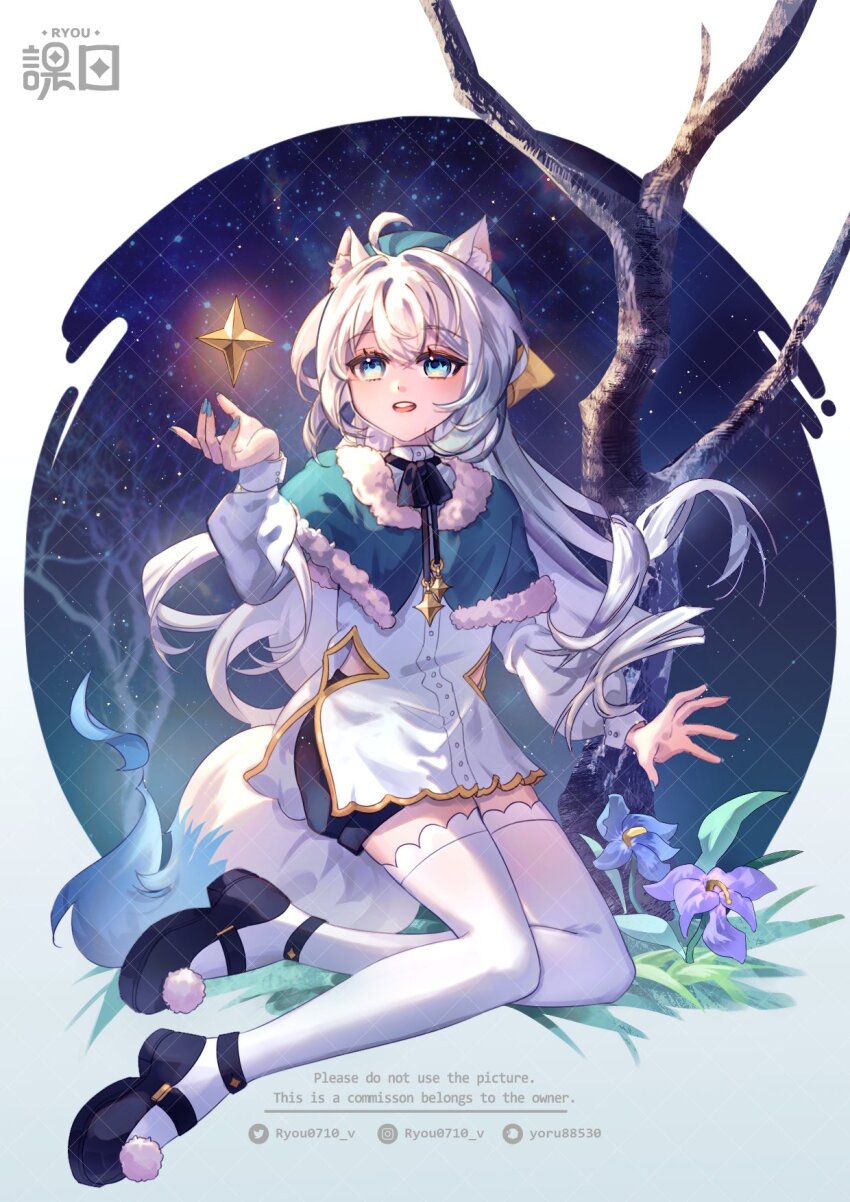 1girl :d ahoge animal_ears artist_logo artist_name bare_tree beret black_bow black_bowtie black_shoes blue_eyes blue_hat bow bowtie commission dress flower full_body grass hand_up hat highres keri_ryou logo long_sleeves looking_up mary_janes open_mouth original outside_border purple_flower shoes short_dress sitting smile solo sparkle star_(sky) starry_sky_background thighhighs tree watermark watermark_grid white_dress white_hair white_tail white_thighhighs yokozuwari