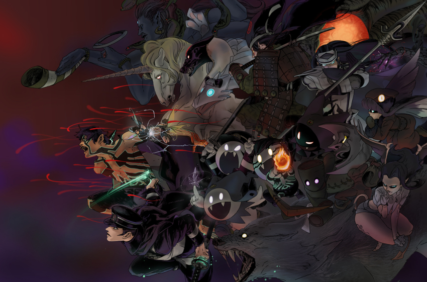3girls 4boys armor atlus bad_id bad_pixiv_id black_frost boomerang cape cerberus_(megami_tensei) cu_chulainn cu_chulainn_(megami_tensei) demi-fiend demon devil_summoner electricity fang fenrir_(shin_megami_tensei) fire furuna hat high_pixie high_pixie_(megami_tensei) horns ice inugami inugami_(megami_tensei) jack_frost_(megami_tensei) katana kuzunoha_raidou lance lilim_(megami_tensei) makami makami_(megami_tensei) mokoi multiple_boys multiple_girls muu_shuwuu_(megami_tensei) pixie_(megami_tensei) polearm raiho sandman school_uniform shako_cap shin_megami_tensei shin_megami_tensei_iii:_nocturne shiva_(megami_tensei) shiva_(shin_megami_tensei) shive_(shin_megami_tensei) snake spear sword tail tattoo titania_(megami_tensei) unicorn unicorn_(megami_tensei) weapon wings yoshitsune yoshitsune_(megami_tensei)